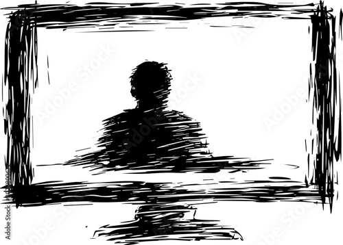 Hand Drawn Sketchy Silhouette of a Person Sitting in Front of a Computer Monitor Distressed Vector Illustration