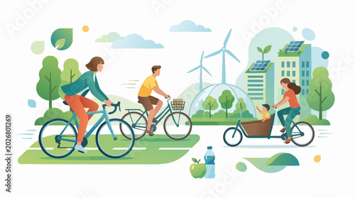Sustainable green city vector illustration, people riding bicycles in eco friendly urban environment, renewable energy and clean transportation concept