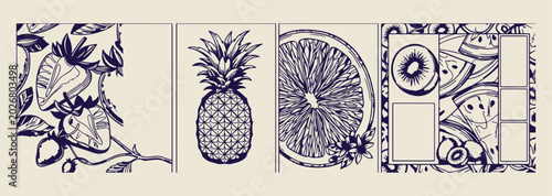 Bild auf Leinwand pineapple fruit line drawing, minimalist tropical food icon, clean botanical fru