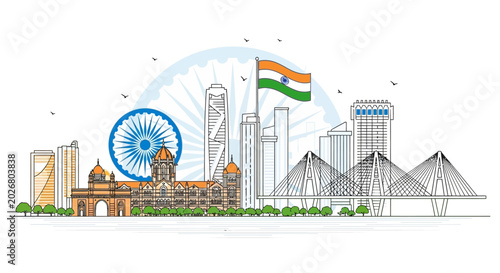 Foto Mumbai City Skyline Vector Illustration with Indian Flag