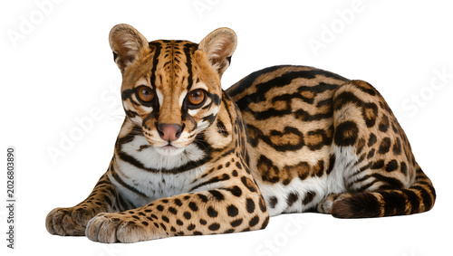 Photography Ocelot wild cat with spotted fur, isolated on transparent background