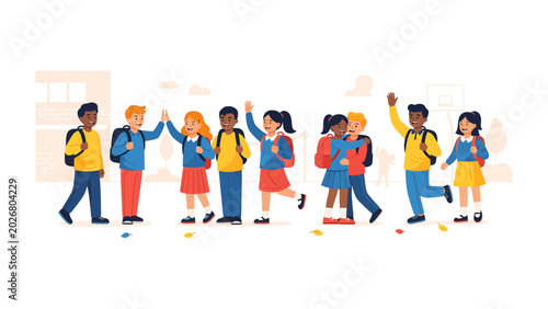 Quadro su tela Back to School Excitement: A group of cheerful, diverse schoolchildren, equipped with backpacks, celebrate the start of a new academic year with high-fives and joyful waves
