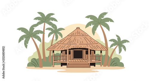 Foto Tropical hut with palm trees nearby.