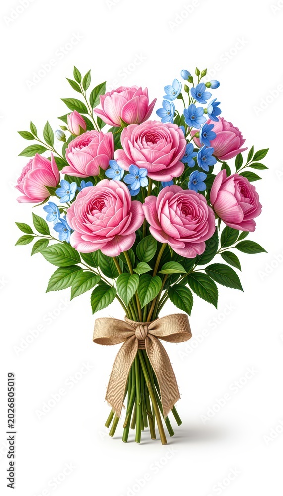 Fototapeta premium Pink Rose Bouquet with Blue Flowers Tied in Beige Ribbon