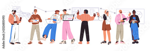 Concept of networks, communication and teamwork in development team. Employees work together. Business collaboration. Cooperation of office workers. Flat isolated vector illustration on white