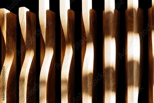 A close-up view of a wooden fence with unique curved slats