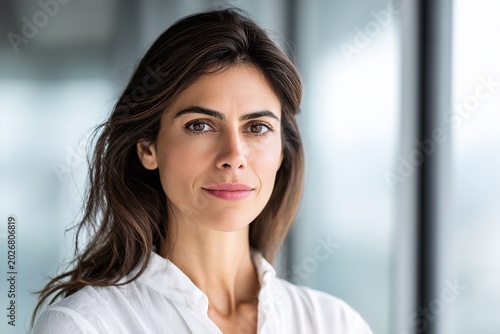A confident businesswoman smiling in a modern office setting with natural light