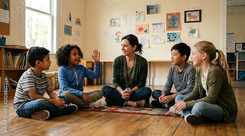 Diverse group of children and teacher sitting in a circle on the floor, engaging in a classroom discussion