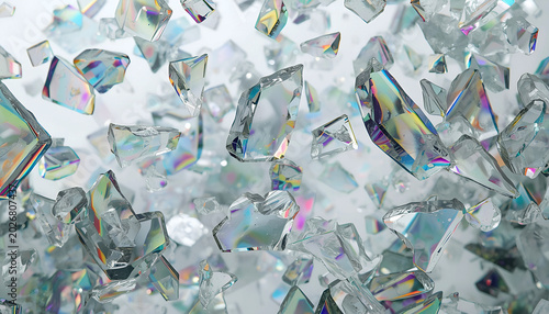  Abstract background of floating iridescent glass shards and translucent crystalline forms with green accents