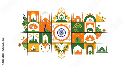 Indian Independence Day Mosaic Illustration with National Symbols