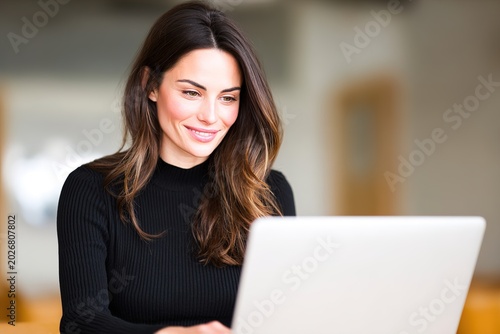 A young woman working on her laptop with a smile