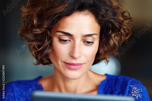 A woman with short brown hair looks at a tablet with a smile