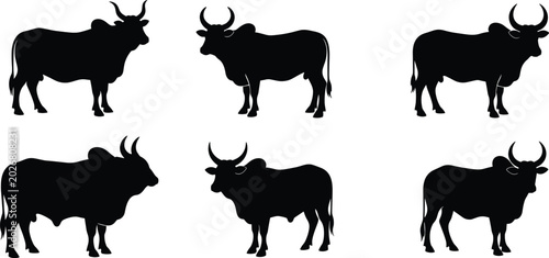 Canvas Print Humped zebu cattle black silhouette vector pack featuring various horned bull li