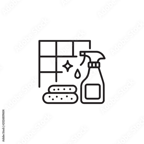 Minimalist cleaning supplies icon, spray bottle and sponges for household chores, bathroom tile surface disinfection vector illustration