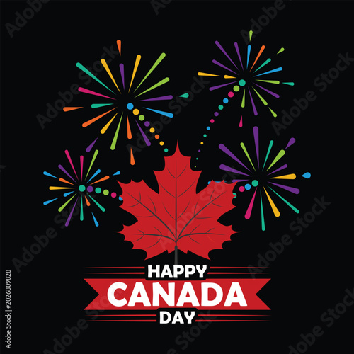 Happy canada day celebration with fireworks and maple leaf