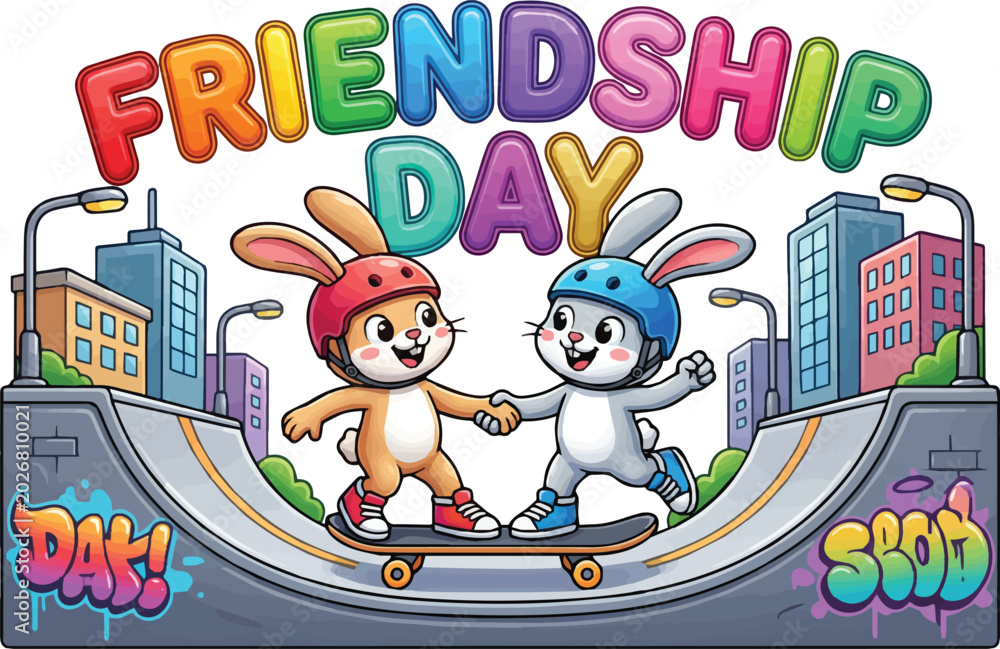 Fototapeta premium Friendship day cartoon rabbits skateboarding together in city