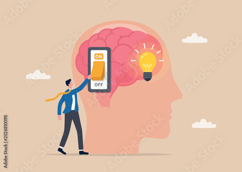 Turn on brain think, creativity, thought or concentration, smart thinking or emotional intelligence, mindset, wisdom an knowledge concept, smart businessman genius turn on switch on own brain
