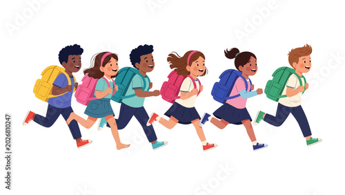 Fotografie Excited School Kids Running: A group of diverse young students, equipped with colorful backpacks, joyfully sprint forward, eager for a new day of learning and adventure
