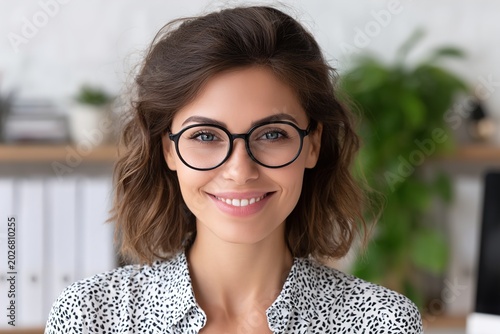 A smiling young woman wearing glasses in a modern office setting