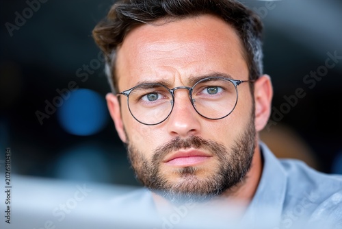 A close-up portrait of a focused man with glasses looking at something