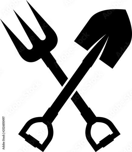 Crossed Garden Tools Silhouette Vector Icon. editable stroke. transparent background