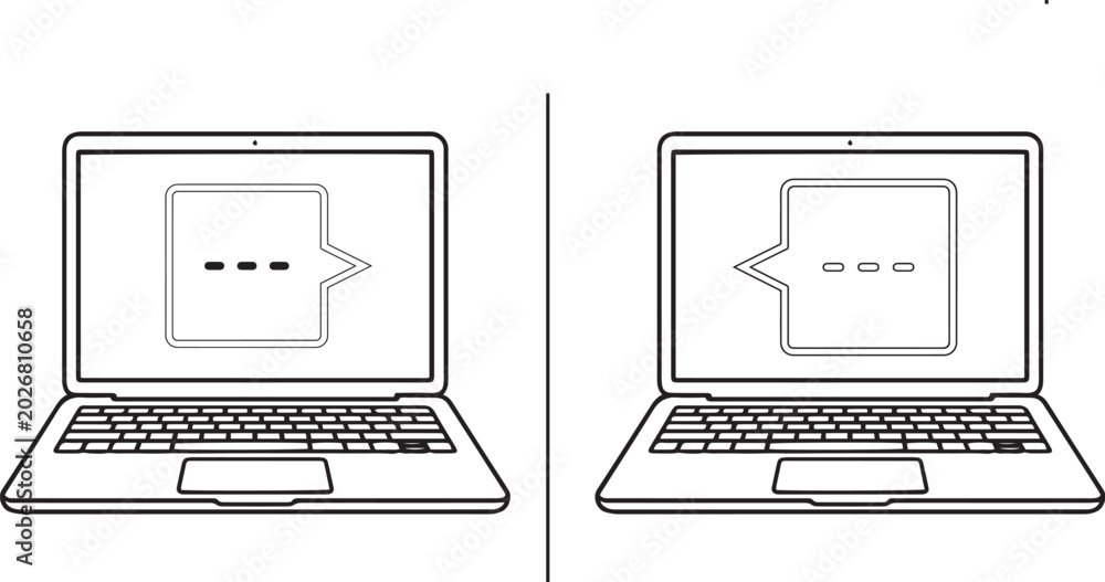 Fototapeta premium messaging Icons on Laptops: Two laptop screens display communication bubble icons, symbolizing digital conversation and messaging exchange.