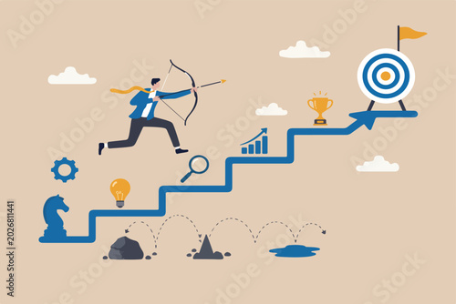 Step to reach goal, success or achieve business target, strategy plan to improve and overcome challenge, progress or aiming to win concept, businessman archery run on stair case arrow to reach goal