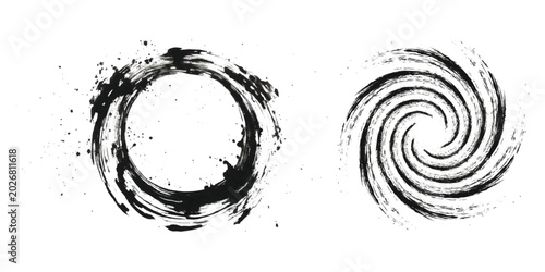 Foto Black ink brush stroke circle and spiral shapes set