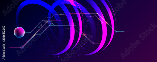 Dark retro futuristic cyberpunk elements abstraction background cosmos synthwave vaporwave retrowave glitch circle with blue and pink glows