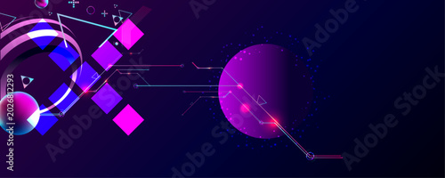 Dark retro futuristic cyberpunk elements abstraction background cosmos synthwave vaporwave retrowave glitch circle with blue and pink glows