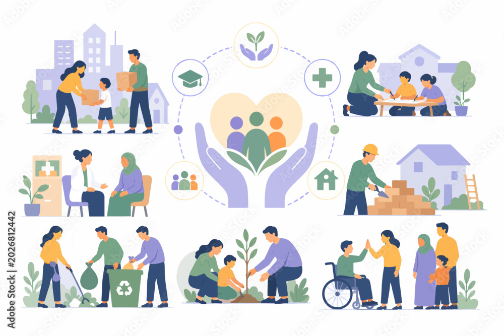 Fototapeta premium Corporate-funded community development and social impact programs improving quality of life, community care and social development concept, flat illustration