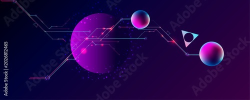 Dark retro futuristic cyberpunk elements abstraction background cosmos synthwave vaporwave retrowave glitch circle with blue and pink glows