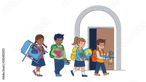 Children Heading to School: A group of diverse children, laden with backpacks and school supplies, walk towards an arched doorway, eager for a day of learning and discovery.