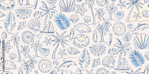 tropical beach themed seamless pattern with marine life and palm trees