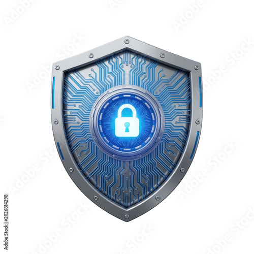 Digital shield with glowing padlock and circuit board pattern during security concept isolated on transparent background