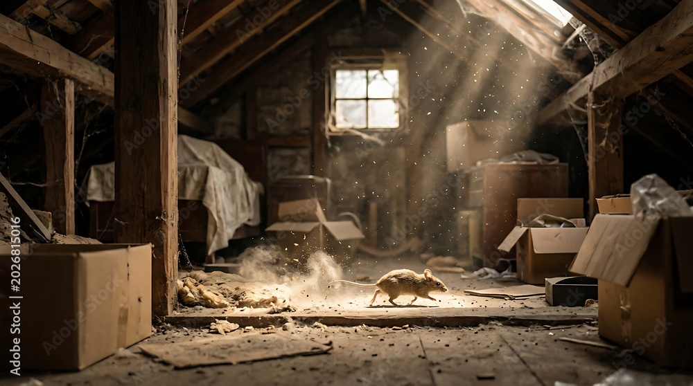 Fototapeta premium A small rodent running through a dusty abandoned attic filled with old boxes and sunlight beams