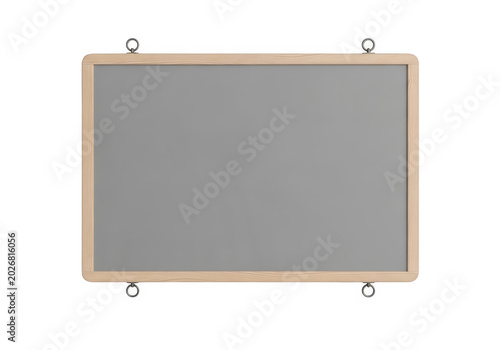 Rectangular wooden framed notice board with grey insert and hanging rings isolated on transparent background