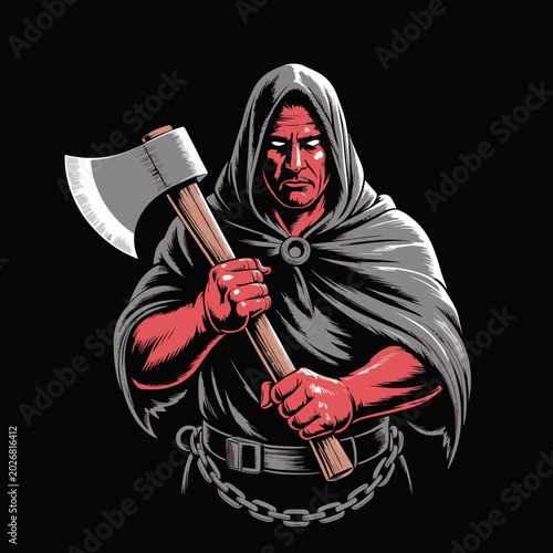Tableau sur toile Man in hooded cloak holding axe.