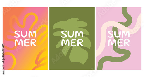 Photos Summer Abstract Tropical Posters Set With Colorful Gradient Leaves And Playful T