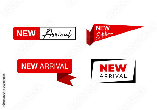 New Arrival Product Marketing Tags Set, Red Business Headers Promotion Labels Isolated Vector Elements