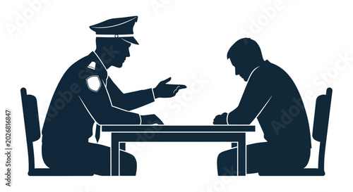 Foto Police Officer Interrogating Suspect at Table, Law Enforcement Investigation Ico
