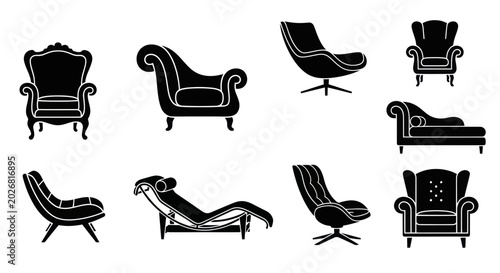 Fotografie Set of elegant armchair and chaise lounge silhouettes, vector illustration