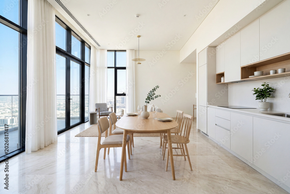 Fototapeta premium Minimalist living room with dining table in luxury apartment