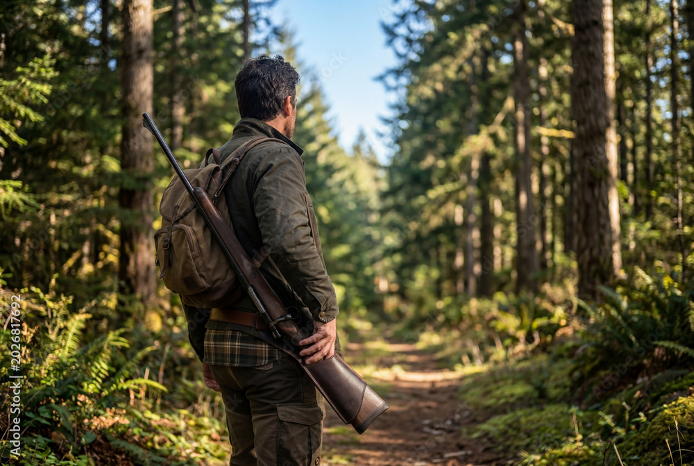 Naklejka premium Hunter with rifle walking on forest trail rear view