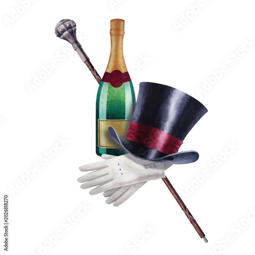 Fotografie Black top hat with red ribbon, white gloves, bottle of champagne, wooden walking
