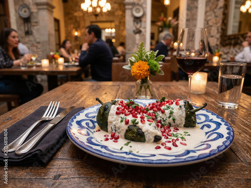 Chiles en nogada traditional mexican stuffed pepper dish served at a restaurant