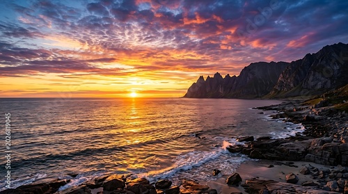 Stunning sunset over the jagged peaks of senja island in norway
