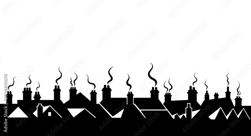 Naklejka premium Black Silhouette Rooftops with Chimney Smoke on White Background
