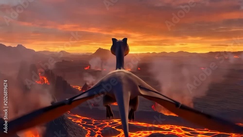 Hyper-Realistic Cinematic POV Shot of Pterodactyl Flying Over Volcano Landscape
