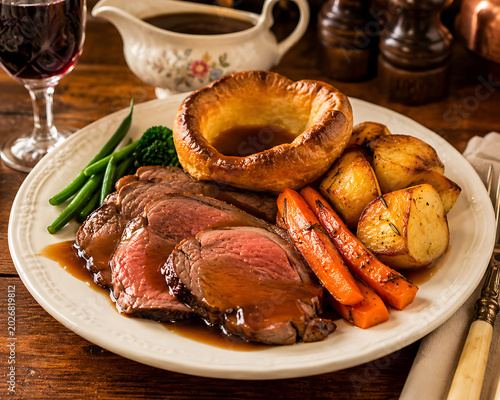 Roast beef dinner with Yorkshire pudding, roasted vegetables, Sunday lunch setting